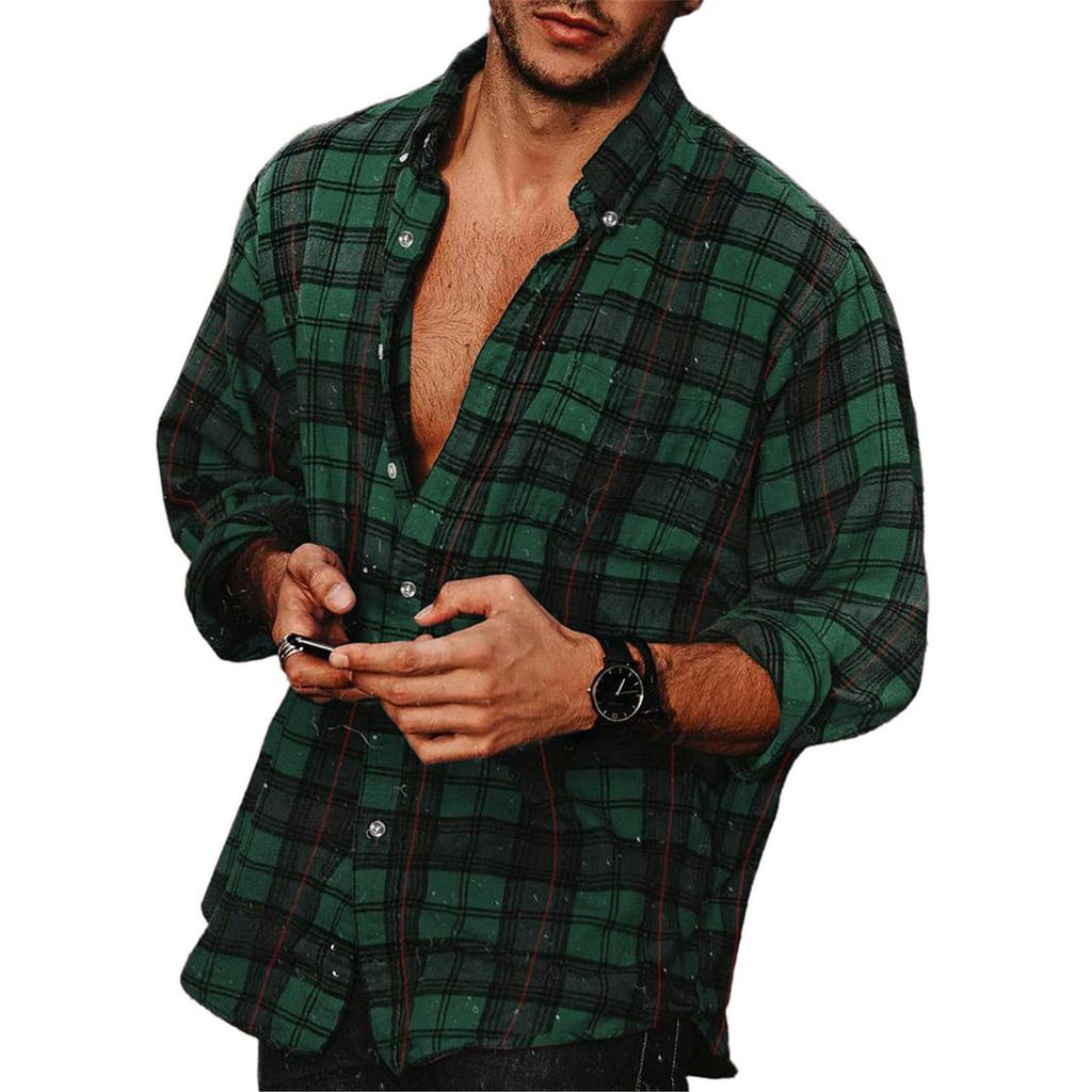 Erkek Düğme Aşağı Gömlek Casual Flanel Ekose Slim Fit Uzun Kollu Yayılmış Yaka Hafif Üstler