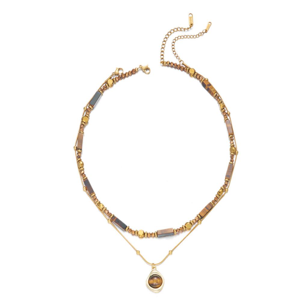 Tiger Eye Beaded Necklace With Steel Pendant Geometric Design For Fashion Casual Wear