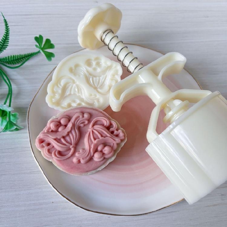 Mung Bean Cake Mould Press 75G Hand Press Pastry Tool with Detachable Flower Stamps, Spring Design Release, and Patterned Dessert Making Use