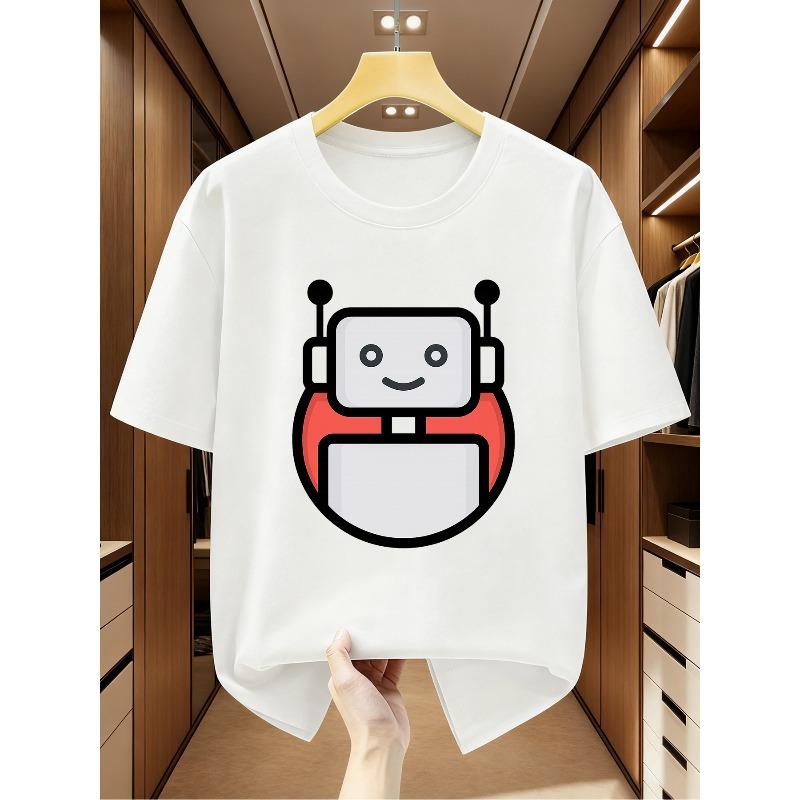 European sizes Men's Short Sleeve T-shirt with Cartoon Robot Graphic, Comfortable Casual Short-sleeved T-shirt for Summer