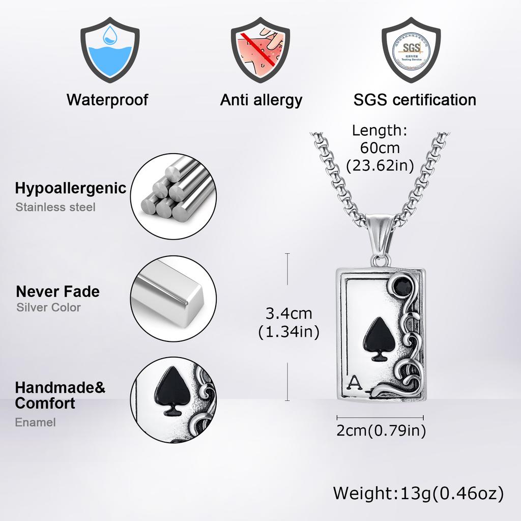 Gothic Playing Card Necklace for Men Boys,Stainless Steel Spade A Pendant Necklace,Vinatage Jewelry Gift