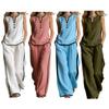 Damen Sommer 2-teilige Outfits Lässig Ärmellos Knopf V-Ausschnitt Oberteil Und Weite Hosen Urlaubs Lounge Sets mit Taschen