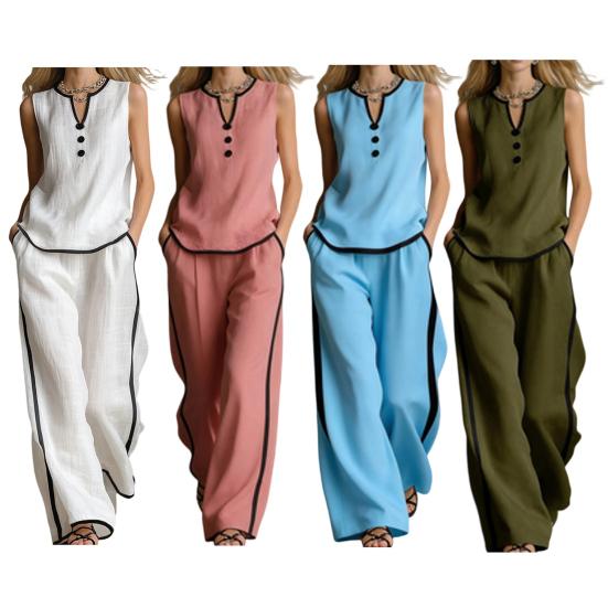 Damen Sommer 2-teilige Outfits Lässig Ärmellos Knopf V-Ausschnitt Oberteil Und Weite Hosen Urlaubs Lounge Sets mit Taschen