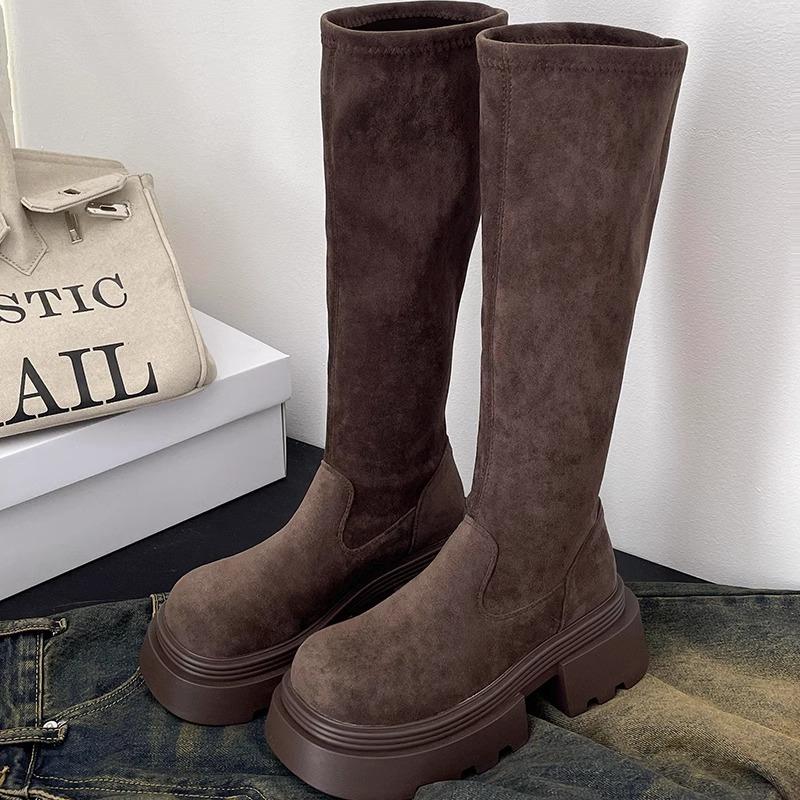 Winter Platform Punk Style Woman Knee High Boot Concise Slip On Elastic Slim Shoes Ladies Thick Bottom Knight Long Booties