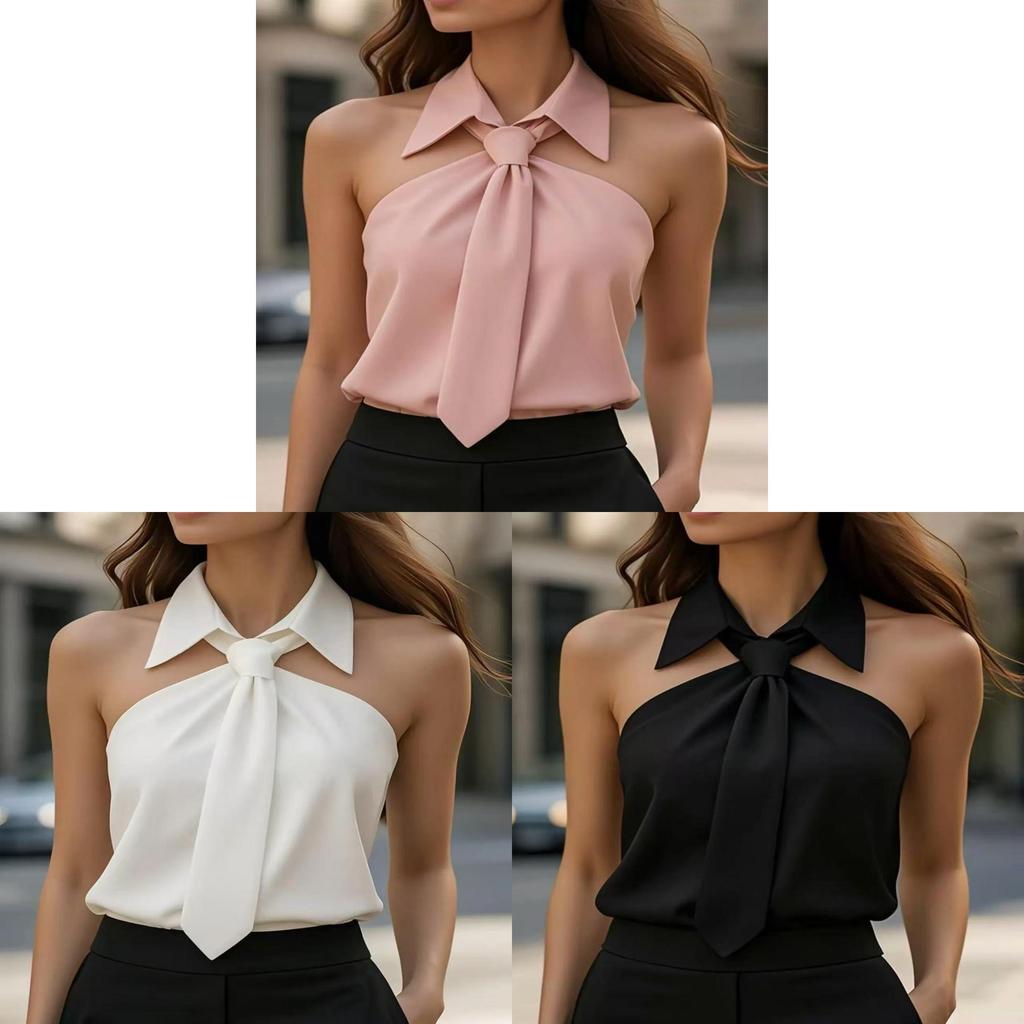 Summer Sleeveless Satin Shirt With Notch Collar For Office Wear And Elegant Style
