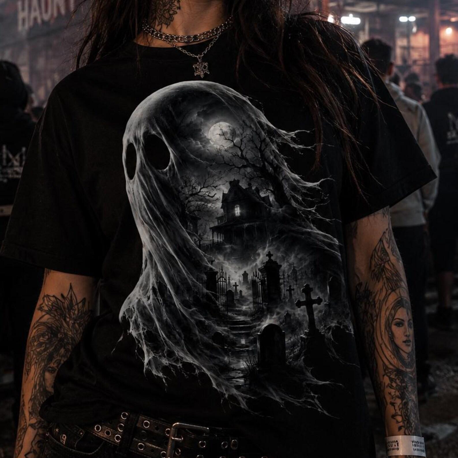 Ghost Horror Shirt, Haunted House Graveyard Graphic Tee, Gothic Halloween Paranormal T-Shirt S