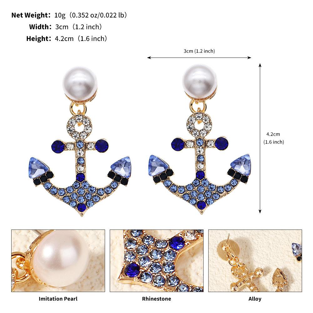 Ocean Blue Rhinestone Anchor Earrings Bridal Drop Earrings Versatile Personalized Jewelry For Women