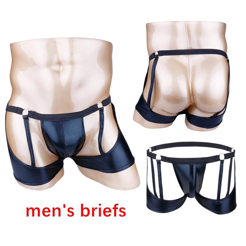 Adults Mens Front Bulge Pouch O-Rings Patent Leather Boxers Briefs Gay Underwear Underpants