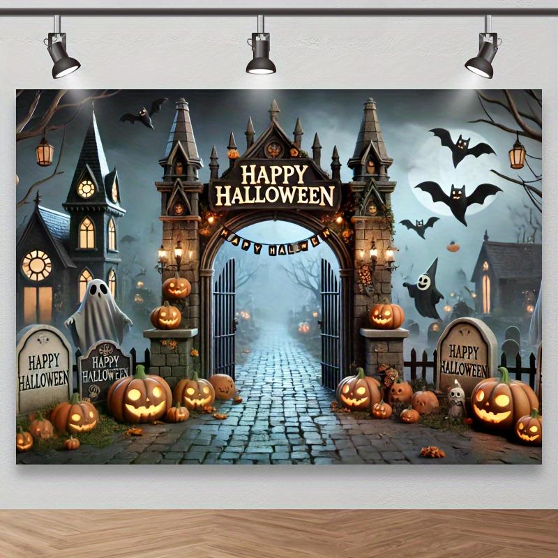 Mysterious Halloween photography background with Gothic castle pumpkin lanterns and bat haunted house 100x150cm