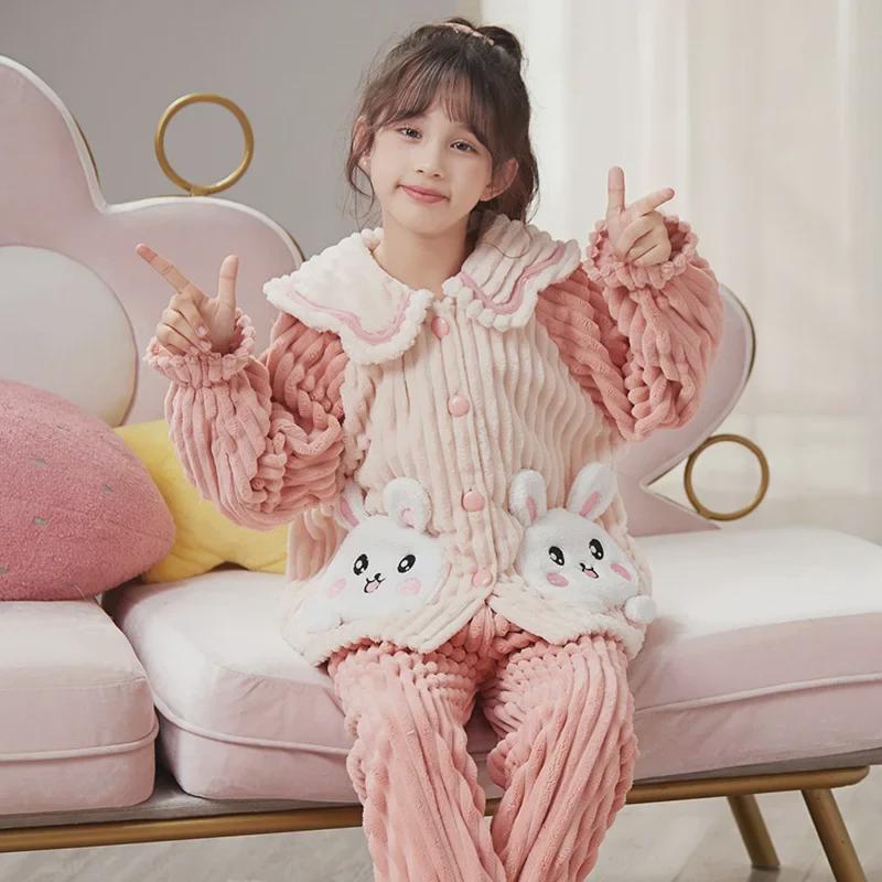 Kids' Flannel Cartoon Pajamas - Warm Coral Fleece for Girls, Autumn/Winter Collection
