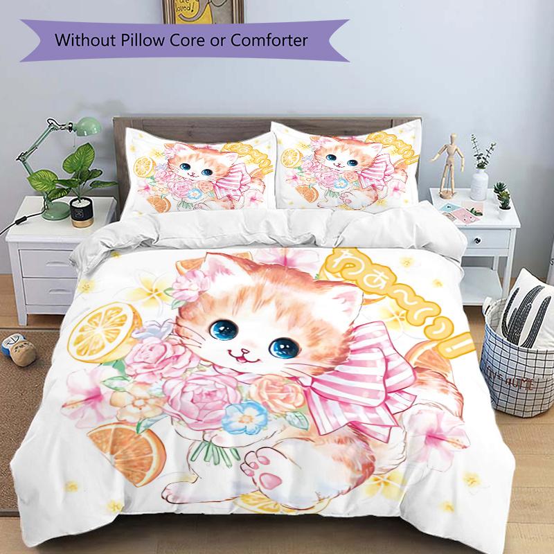 

3pcs Sweet Kitten Idea Design Quilt Cover Set (1 Quilt Cover + 2 Pillowcases Without Pillow Core), High-Definition Printing for Home and Dormitor 135x200cm