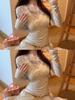 Apricot Lace V-Neck Long-Sleeve T-Shirt for Women - Spring Collection Slimming Top