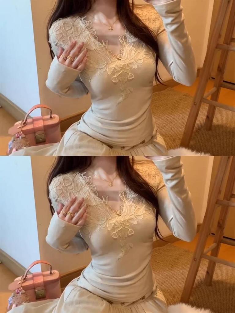 Apricot Lace V-Neck Long-Sleeve T-Shirt for Women - Spring Collection Slimming Top
