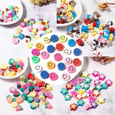 50 Pcs Polymer Clay Animal & Fruit Style Mixed Color Flat Round Beads for DIY Bracelet Jewelry