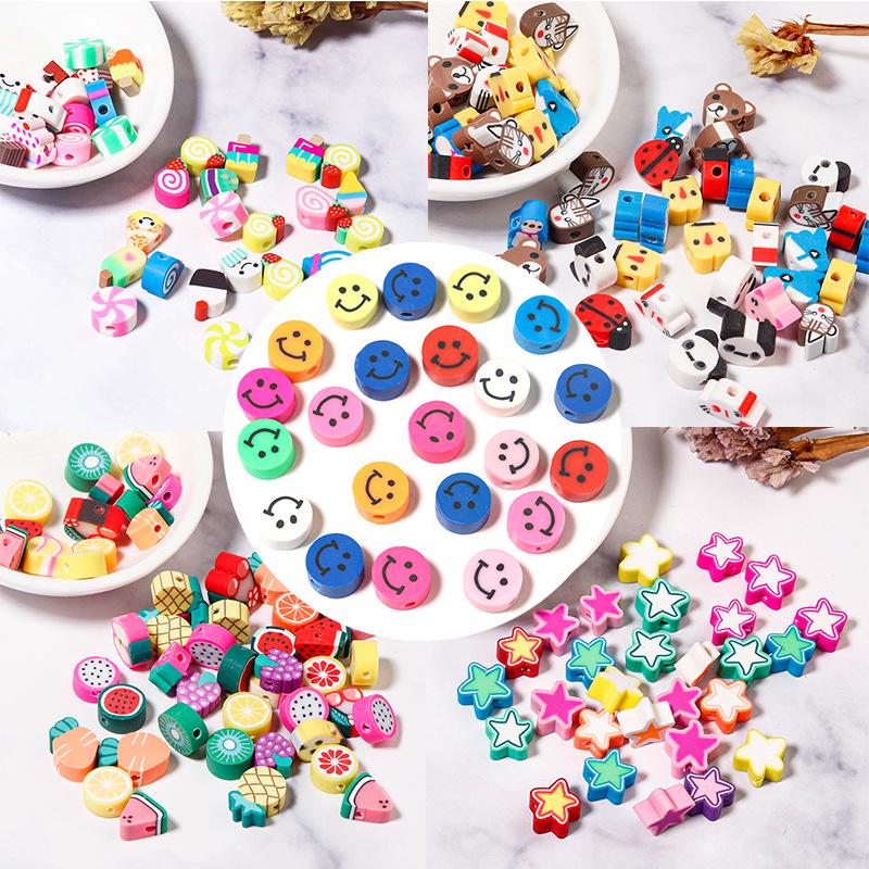 50 pcs Polymer Clay Animal & Fruit Style Mixed Color Flat Round Beads for DIY Bracelet Jewelry