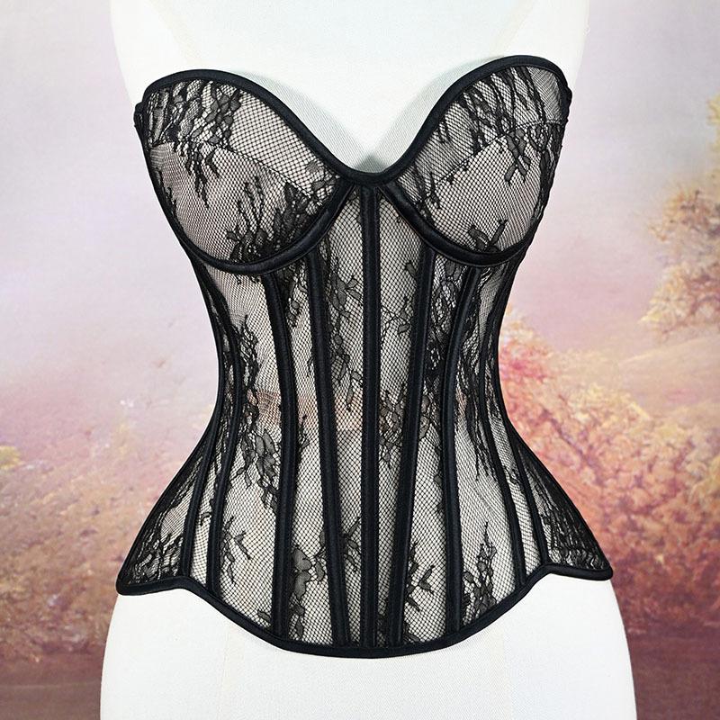 Women Mesh Corset Bustier With Cups Overbust Korset Lace up Boned Shaping Tops Sexy Strapless Crop Tops for Wedding Party Stage