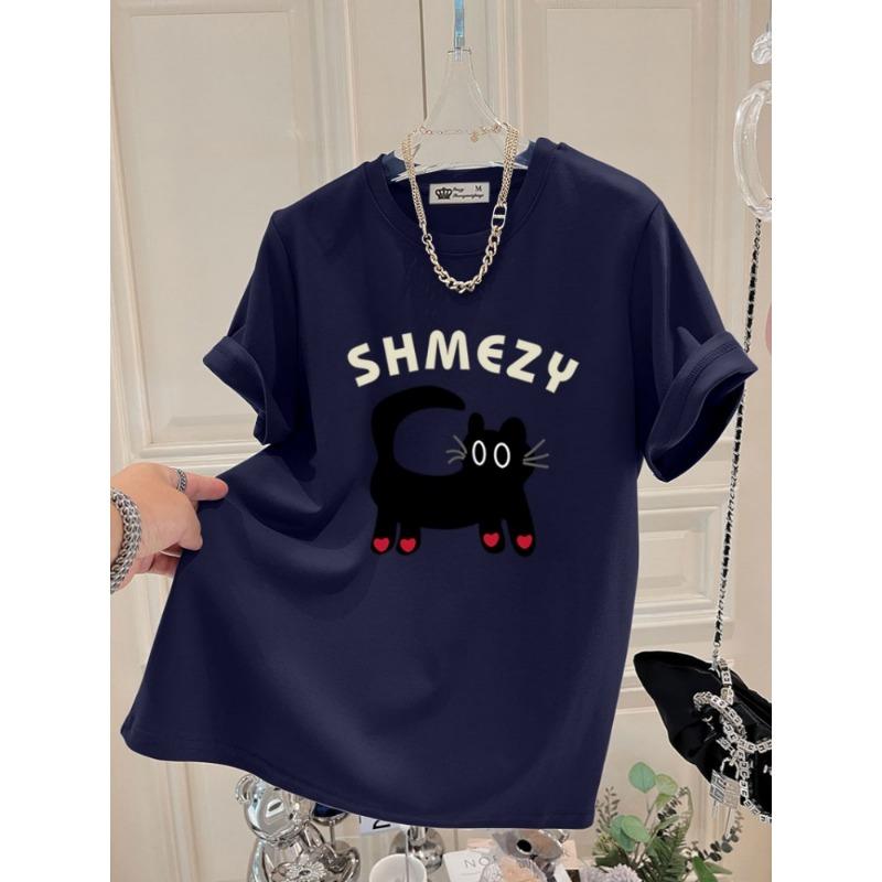Cartoon Cat Top New Summer Korean Version Love Letters Large Version Loose Gray Short-sleeved T-shirt for Women