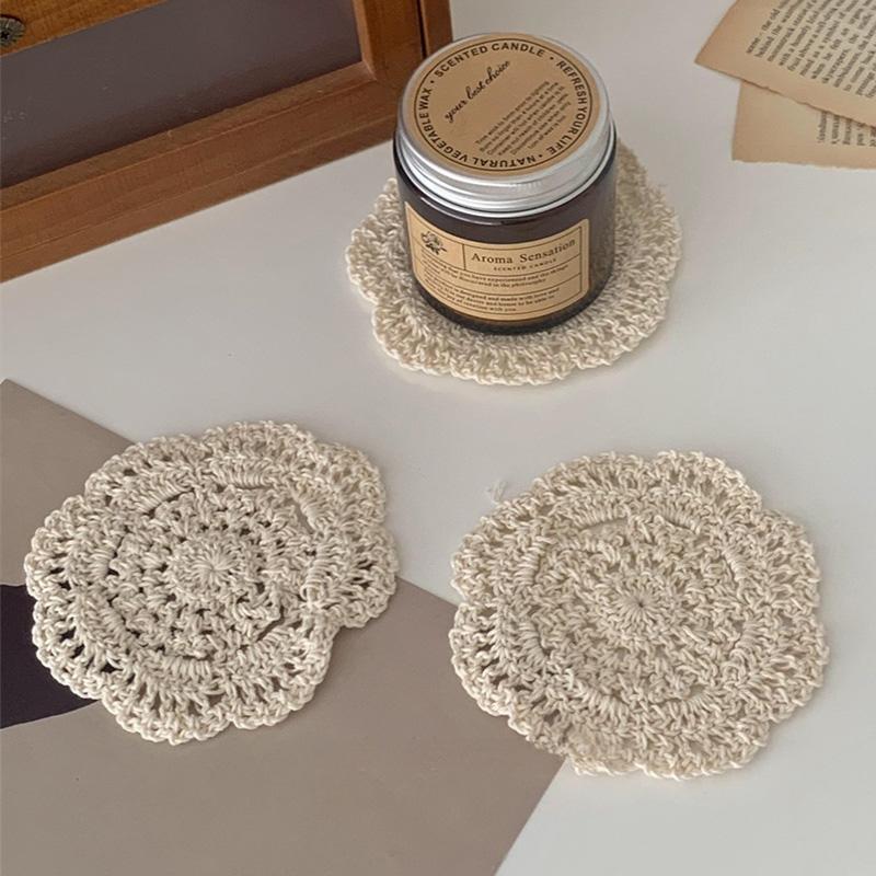 Round Lace Coaster Handmade Hearted Shaped Lace Coasters INS Woven Embroidery Floral Cup Pads Desktop Decorative Placemat