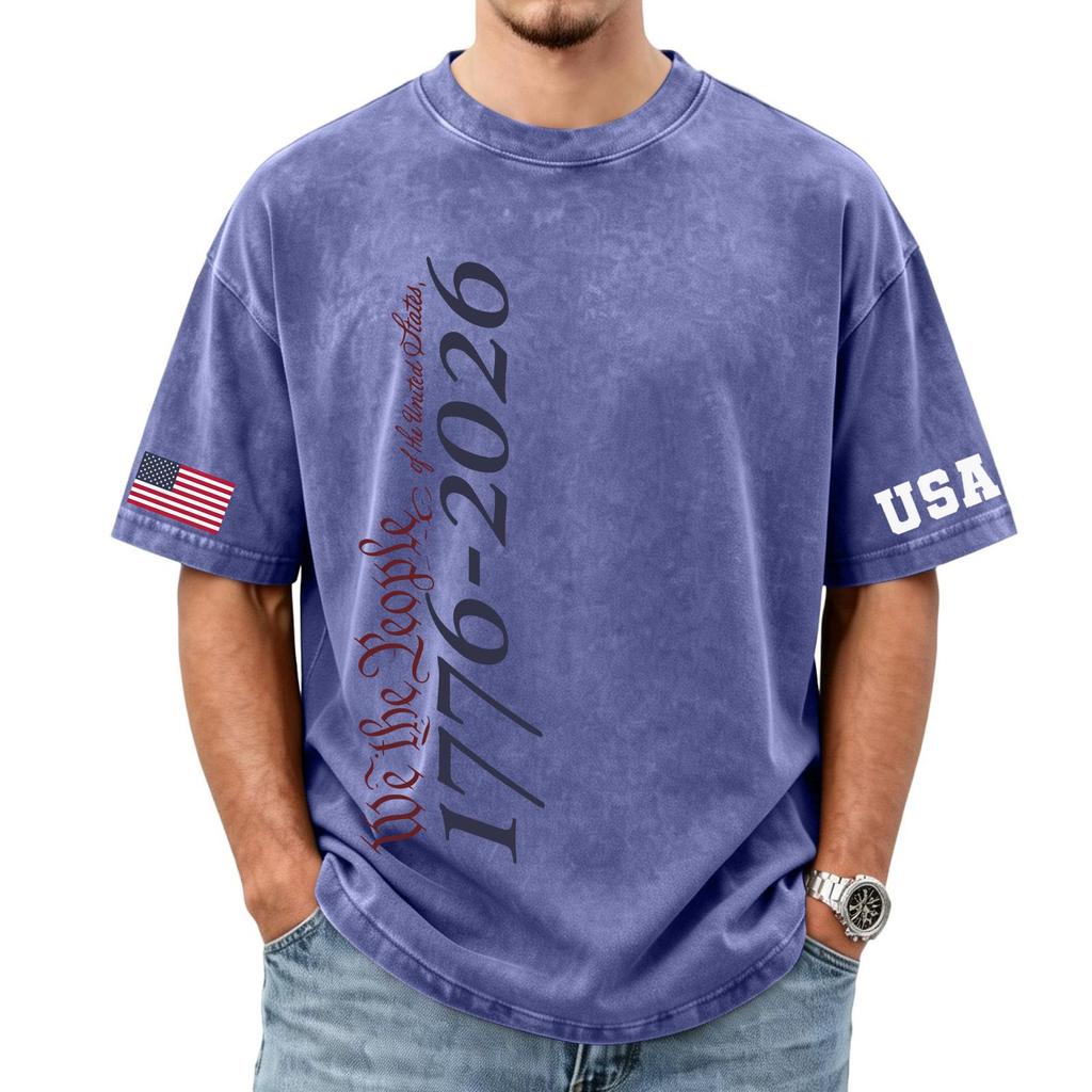 Men's loose and casual flag letter print T-shirt - Men's trendy washed short-sleeved top