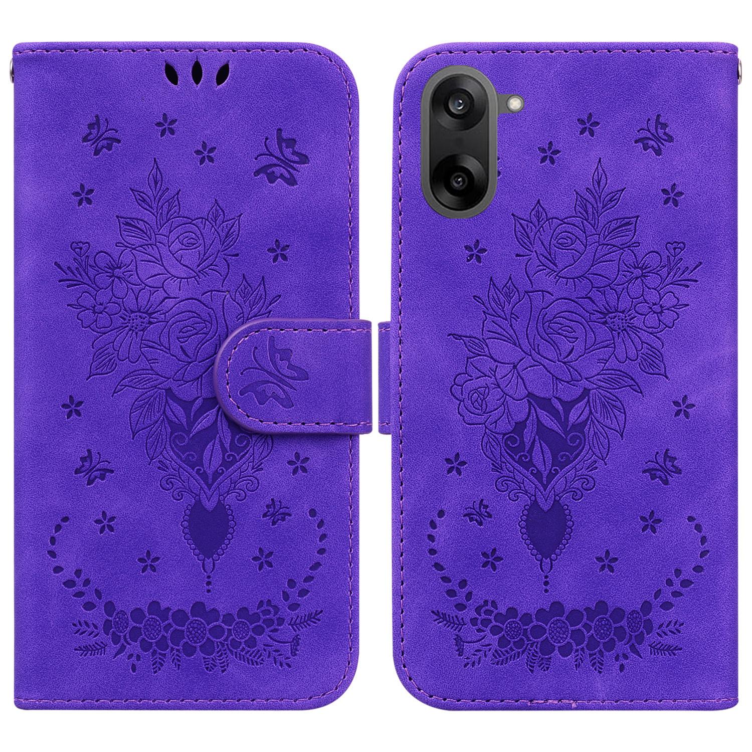 

For OnePlus Nord CE5 5G Case Butterfly Flower Imprint PU Leather Wallet Phone Cover with Strap Purple