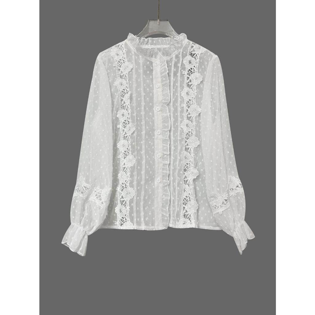 Herbst Winter Neues Einfarbiges Häkel-Ajour-Langarmhemd, Europäischer Amerikanischer Stil Elegante Stehkragen Ausgestellte Ärmel Strickjacke Bluse