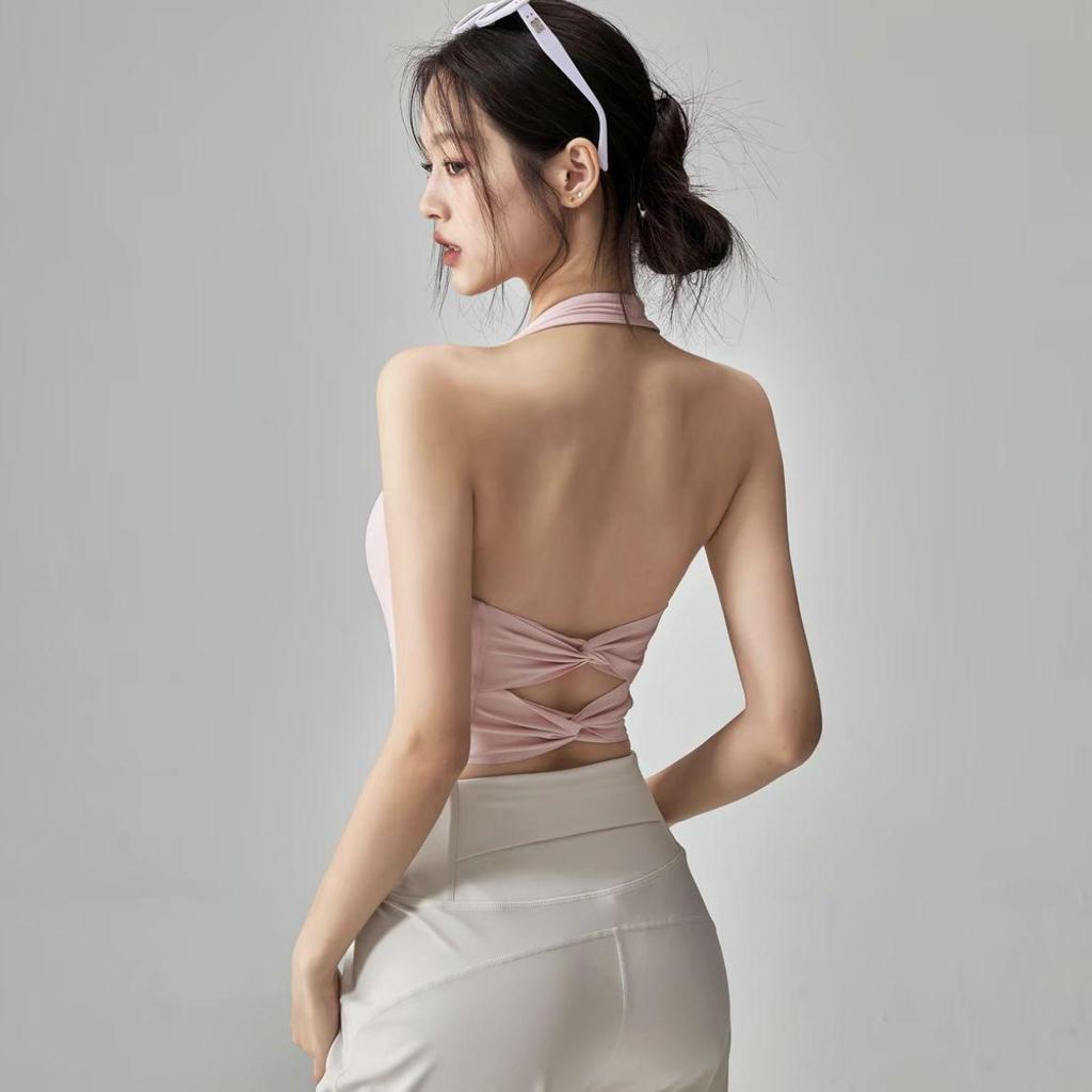 Women's Halter Neck Yoga Tank Top with Chest Pads & Cross Straps - Sexy Fitness Camisole Crop for Pilates