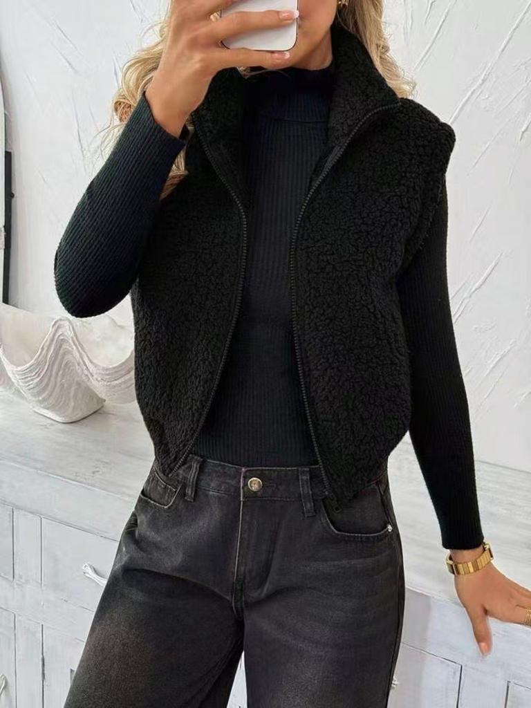 Women Sleeveless Jackets ,Turndown Collar, Lamb Wool, Pure Color, Loose and Casual, Vest Jacket,sleeveless Fleece ,zipper Jacket  Warm Wool Overcoat