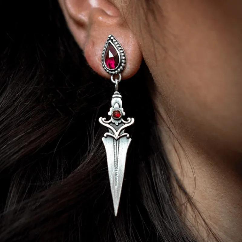 Vintage Medieval Gothic Sword Drop Earrings for Women New Water Drop Red Stone Dangle Earring Piercing Ear Halloween Accessories