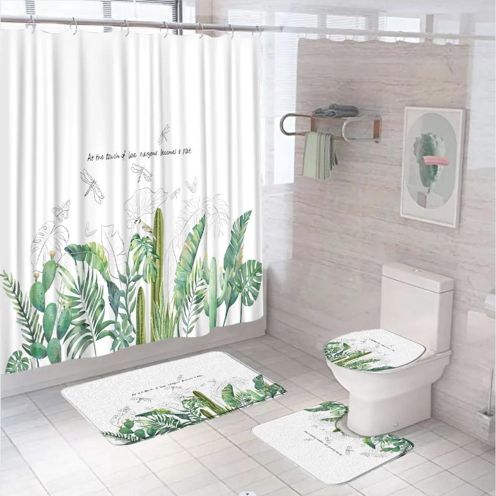 Watercolor Plant Floral Shower Curtain Set Country Wild Flower Leaves Bathroom Decor Screen Non-Slip Bath Mat Toilet Rug Carpet