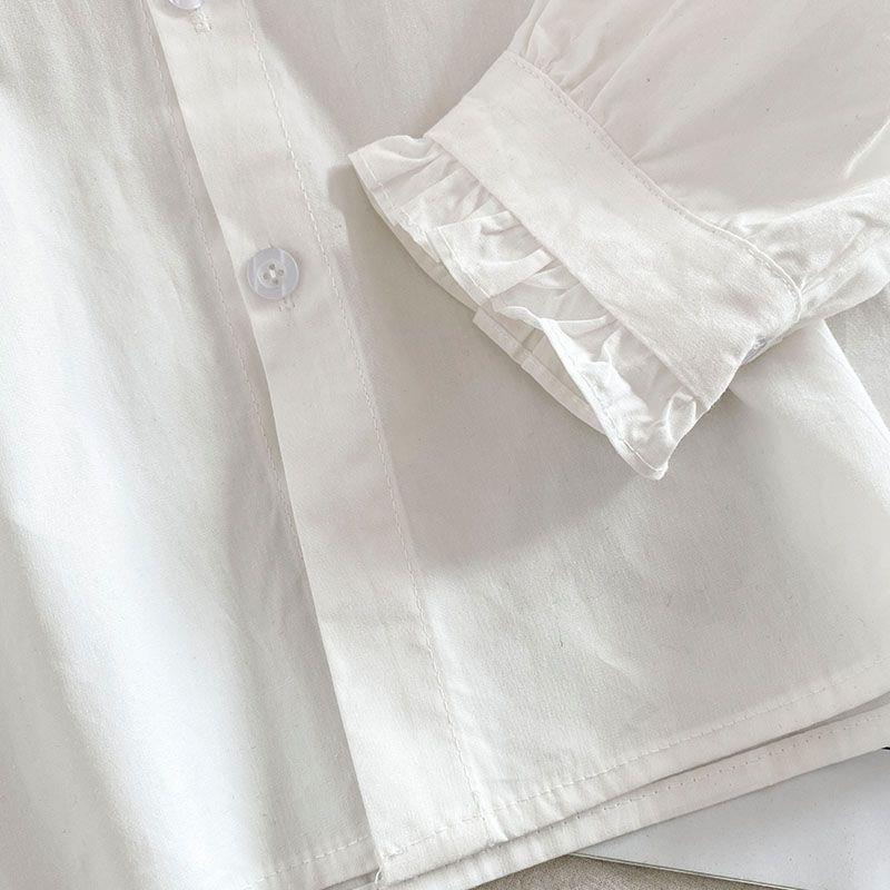 White Shirt Ruffled Loose Long-sleeved Top Autumn New Solid Color Doll Collar Shirt Women French Sweet