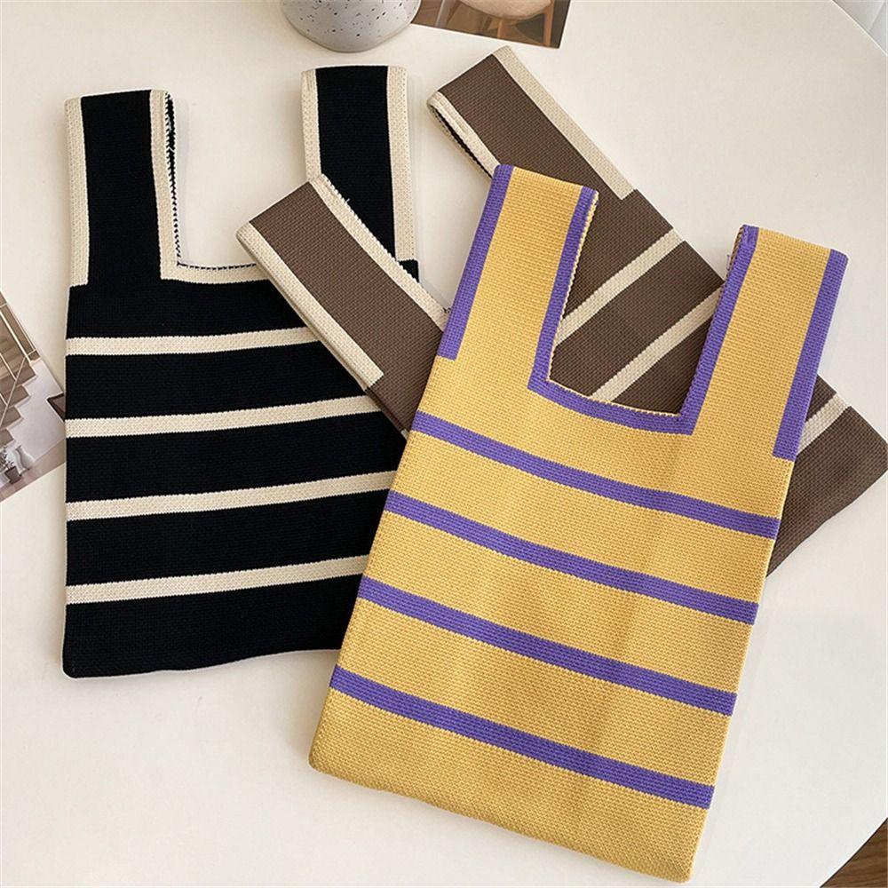 Student Handmade Wide Stripe Plaid Tote Bag Knit Handbag Shopping Bags Knot Wrist Bag