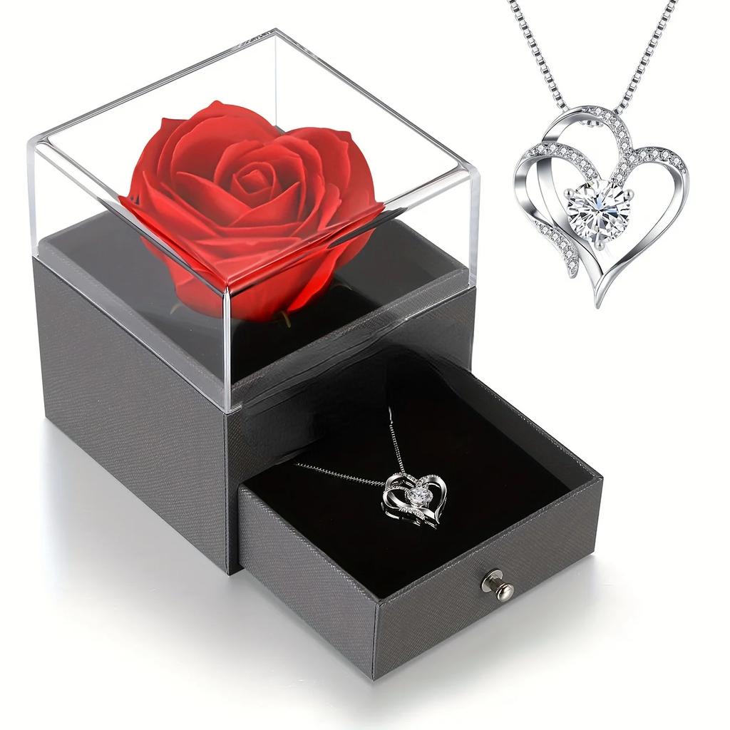 Exquisite Simulation Rose Box & Heart Necklace - Perfect for Women - Anniversary, Birthday, Christmas, Mothers Day Gifts
