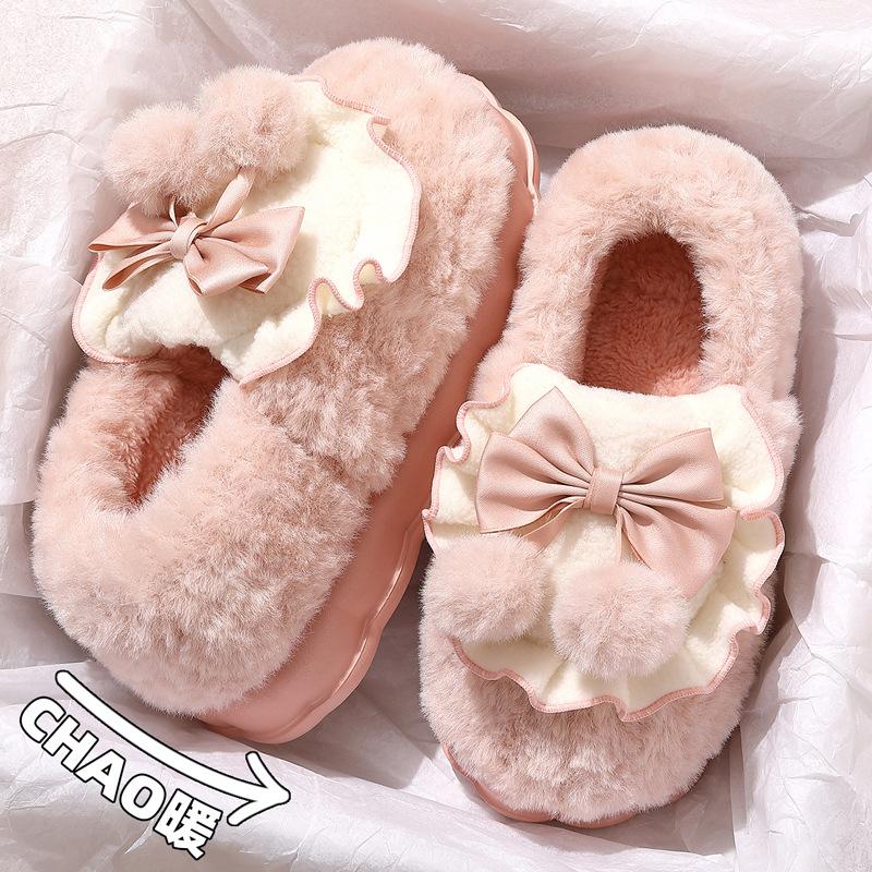Bow Cotton Slippers Women's Winter New Indoor Home Thick-soled Warm Plush Cotton Shoes Women's Outer Wear