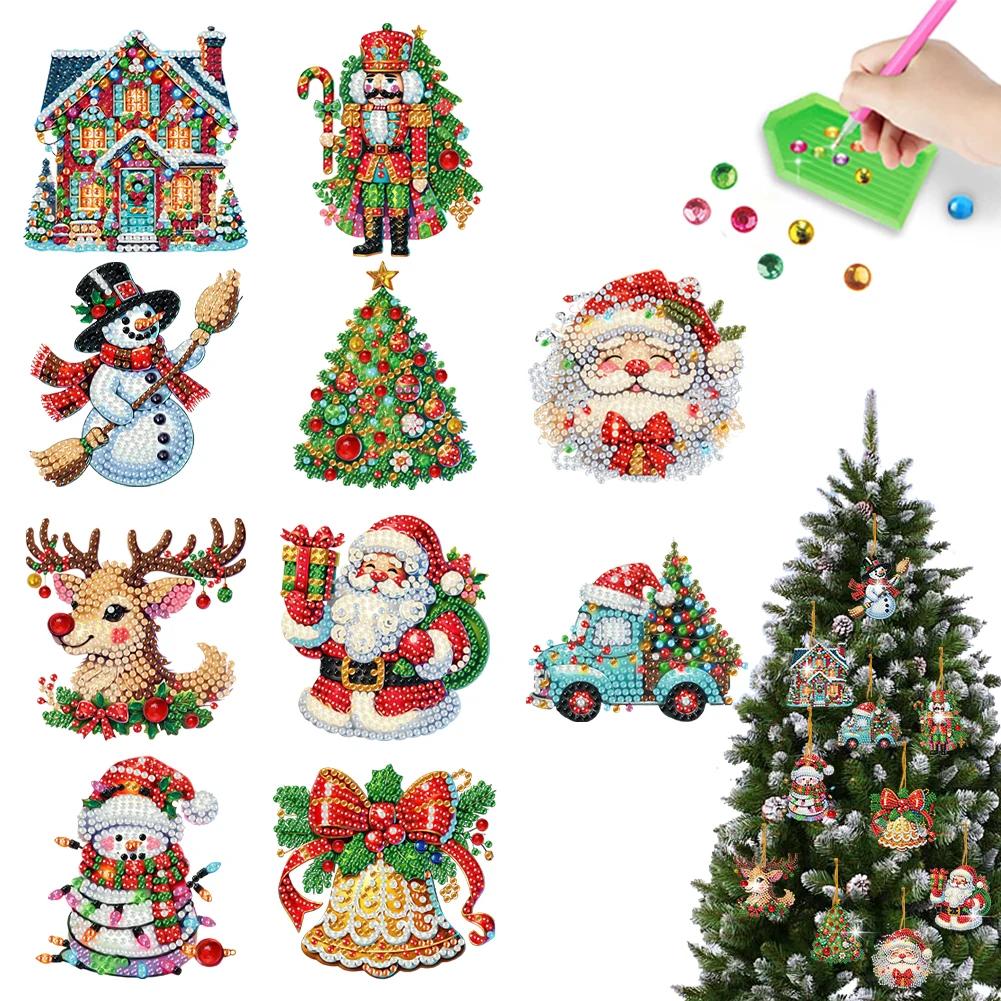 6/10/15pc Xmas Theme 2D/Flat DIY Hanging Diamond Art Kits Acrylic Rhinestone Diamond Christmas Tree Wall Window Pendant Ornament