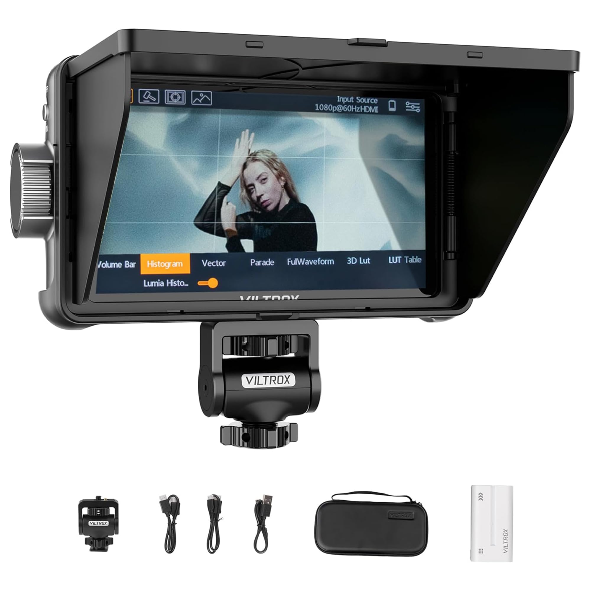 

VILTROX 1200ніт Камерний польовий 4Kp30 3D LUT HDR Зовнішній камерний 5,5-дюймовий монітор, Сенсорний екран, HDMI, Підтримка, 10-бітове відео, Монітор, Перезаряджуваний, чорний