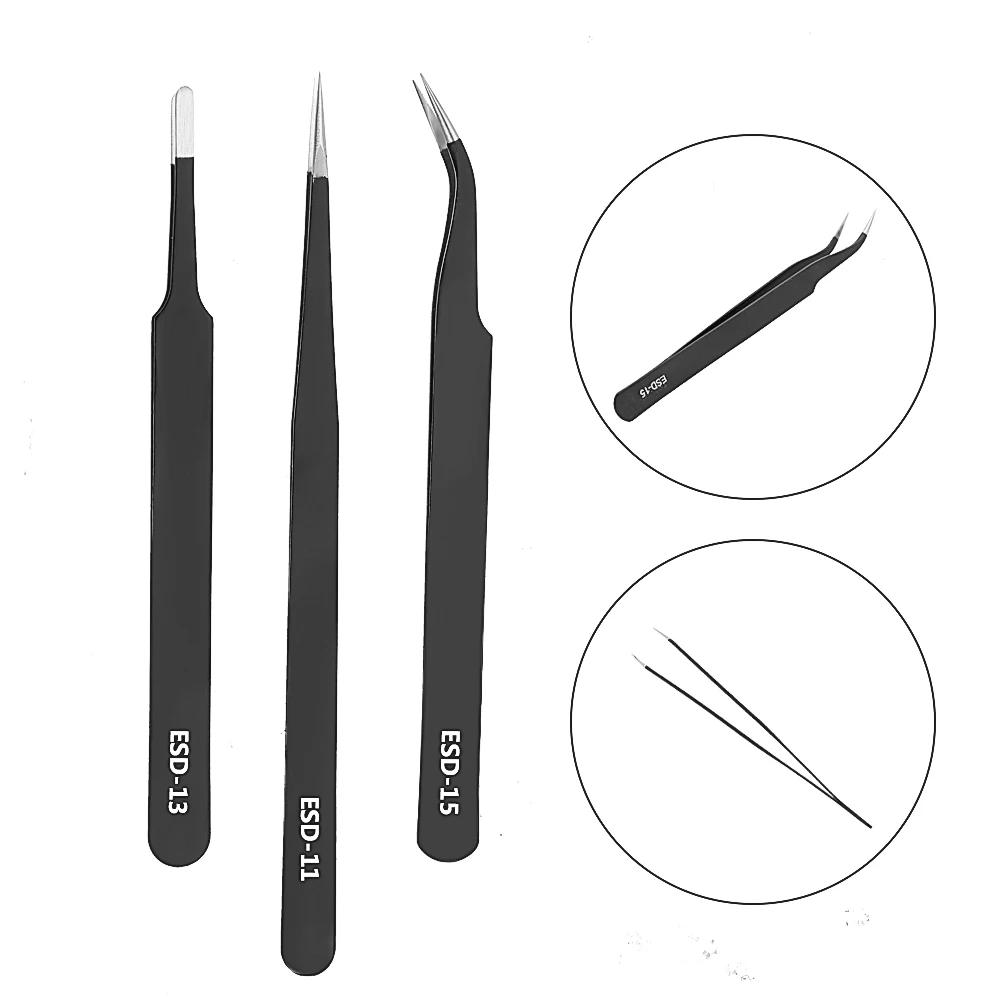 6pcs ESD Anti-Static Stainless Steel Tweezers Precision Maintenance Industrial Electronic Repair Tool Soldering Craft Hand Tools