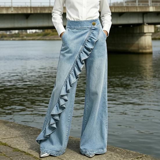 Women Denim Trousers, Wide Leg Elastic Waist Casual Pants, Soft Comfortable Loose Fit Trousers for Daily Wear Street Party