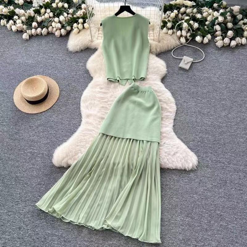 Completo Abbigliamento Donna Top Corto Senza Maniche Gonna Pieghettata Set Due Pezzi Stile Occidentale Uso Quotidiano per il Pendolarismo