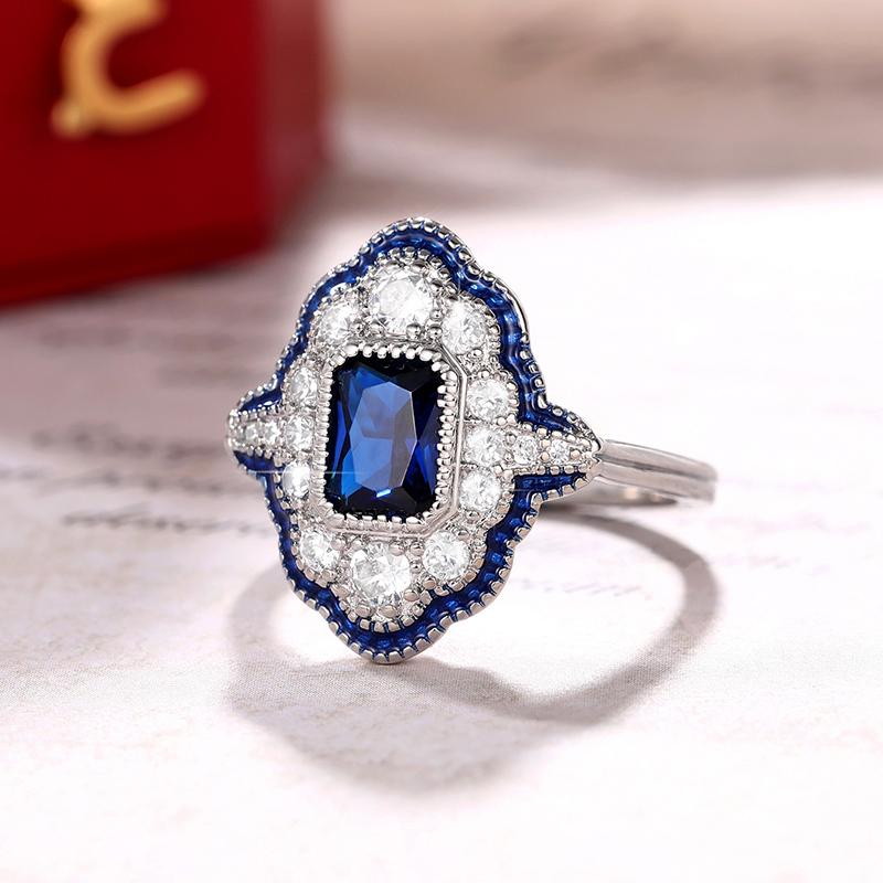 Huitan Retro Blue Rings Women Anniversary Evening Party Dazzling Cubic Zirconia  Color Elegant Lady's Ring Vintage Jewelry