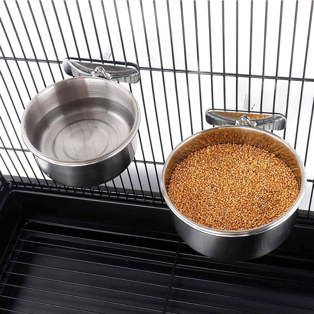 Food Dish Clamp-on Stainless Steel Hamster Bird Feeder Parrot Feeding Bowl Water Drinker Cage Cup