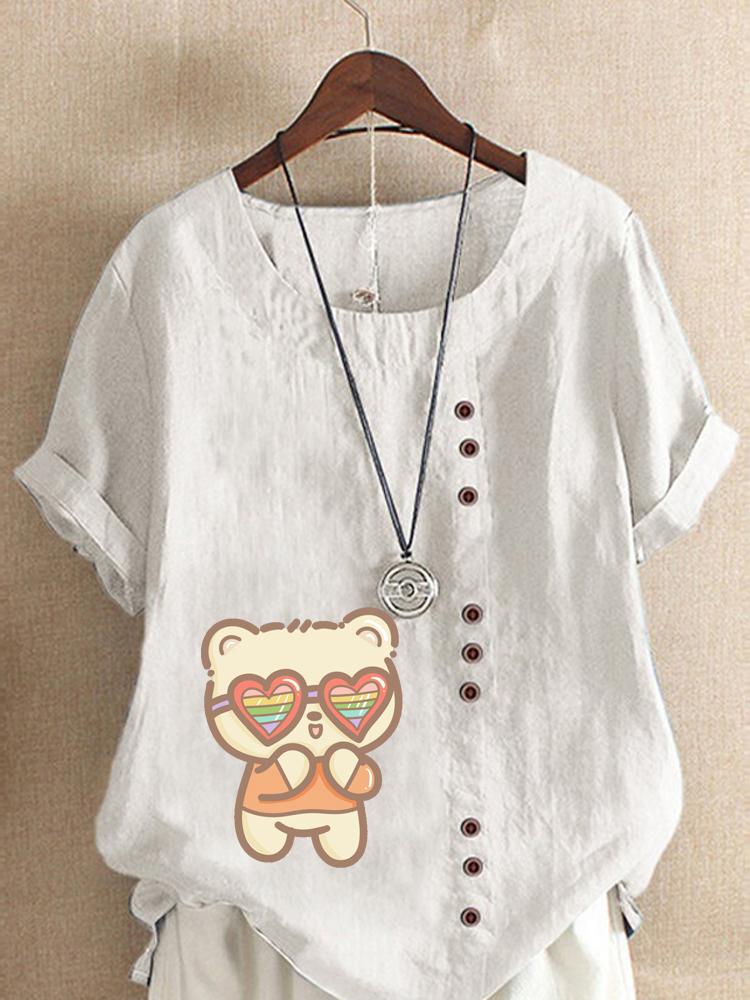 Women's Fashion Cute Cat Print Round Neck Short Sleeve T-shirt Summer Casual Cotton Linen Graphic Shirt Leisure Loose Blouse Tops