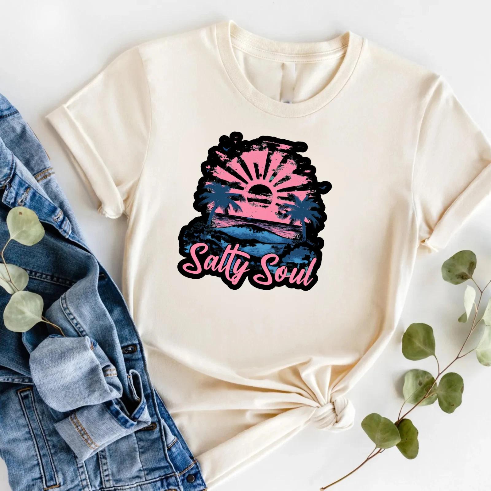 Retro Beach Sunset Graphic T-shirt Palm Tree Unisex Novelty Gift T-Top L