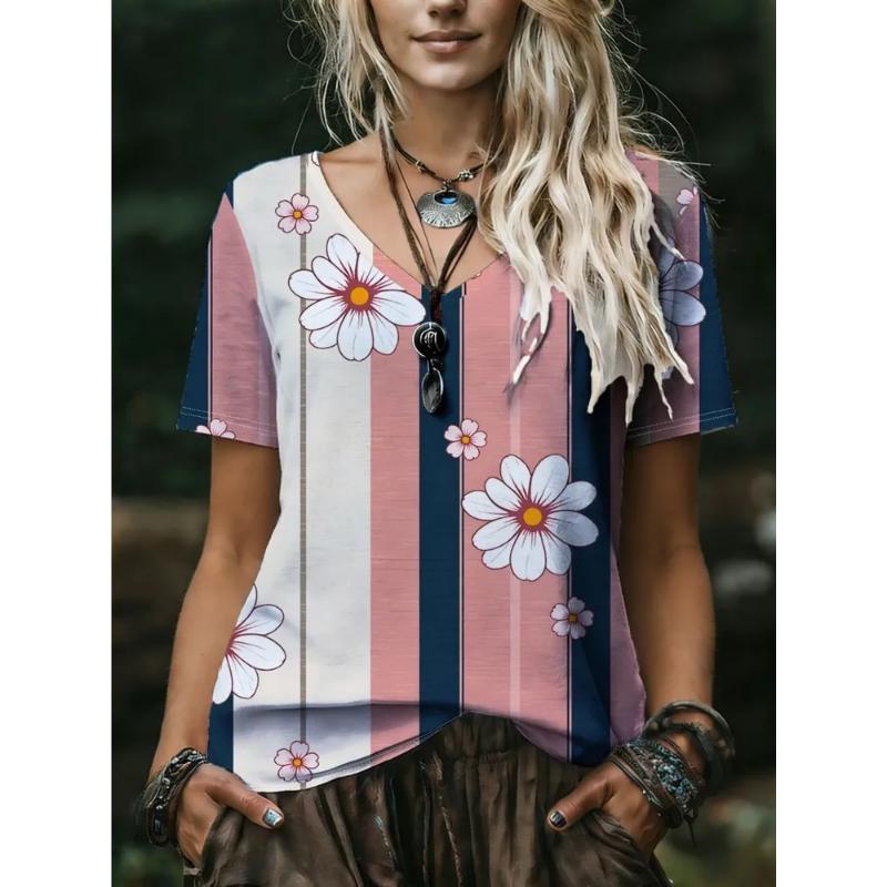 Fashion Women s V-Neck Short Sleeve 3D Flower Color Printing Flower Short Sleeve V-Neck T-Shirt S