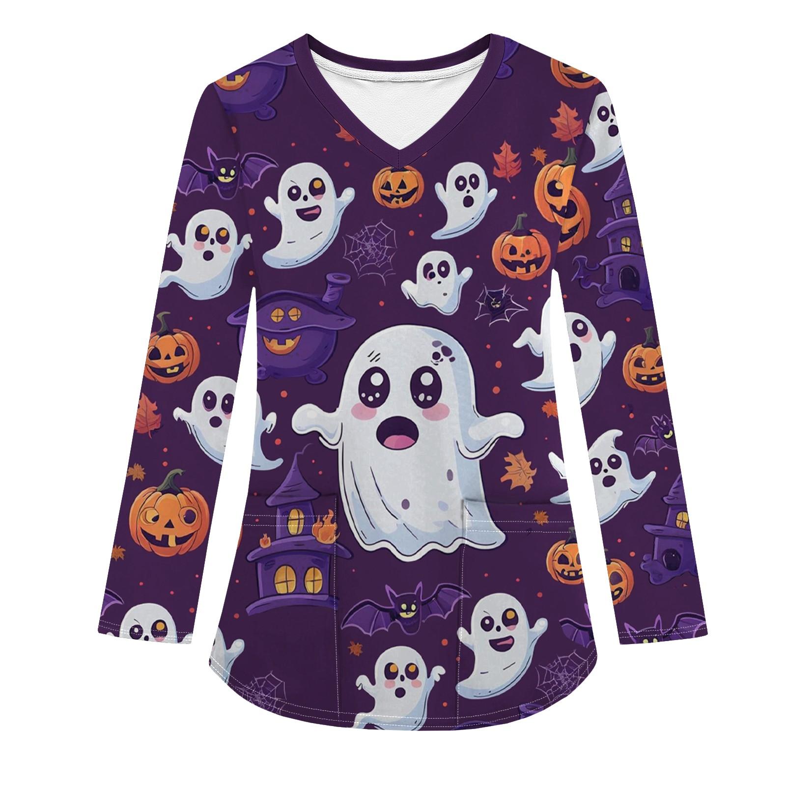 

Женская модная рабочая одежда с V-образным вырезом и длинным рукавом, с карманом, футболка с принтом на Хэллоуин L