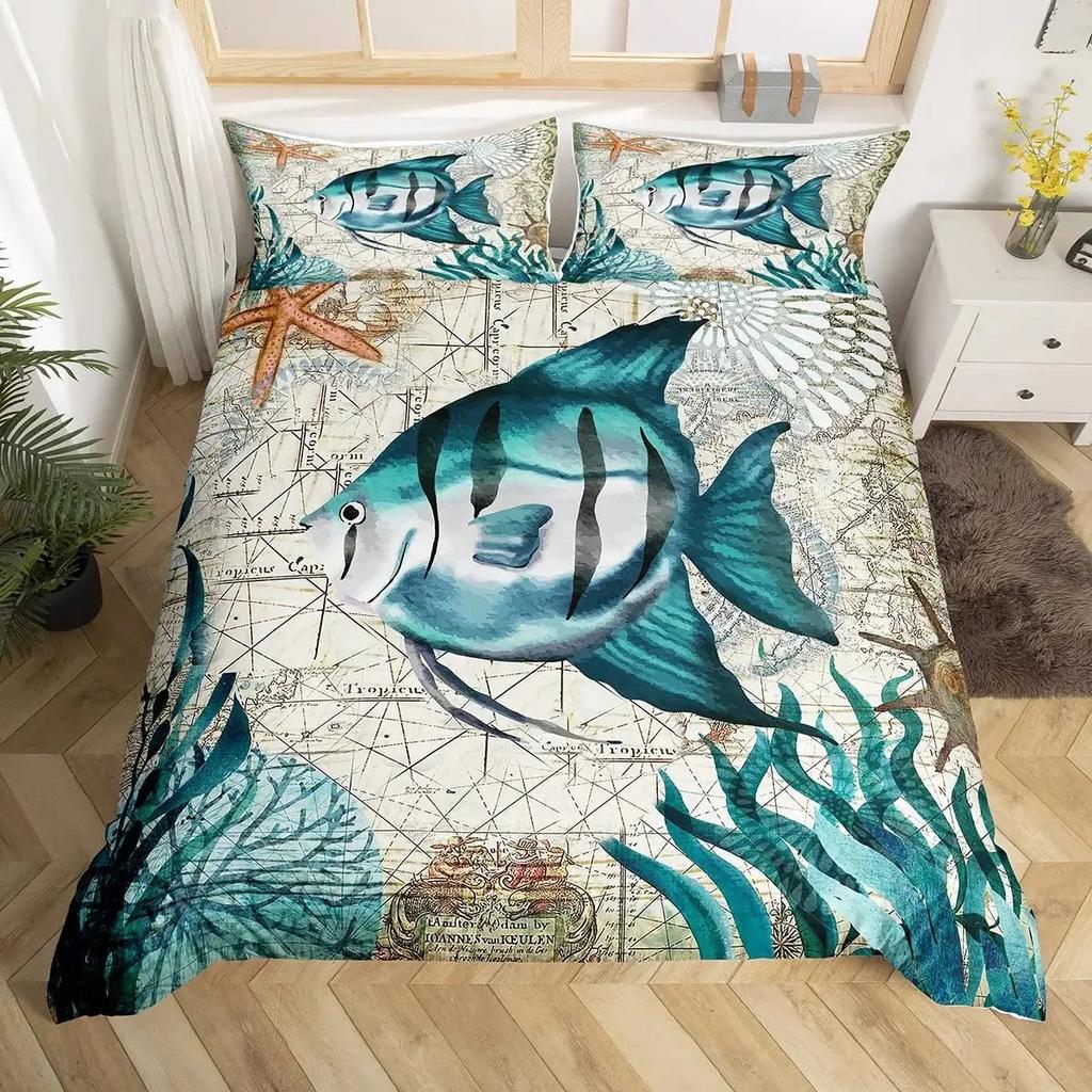 Sea Turtle Duvet Cover Set Full Size,octopus Seahorse Whale Bedding Set Teal Ocean Themed Mediterranean Style Beach Quilt Cover