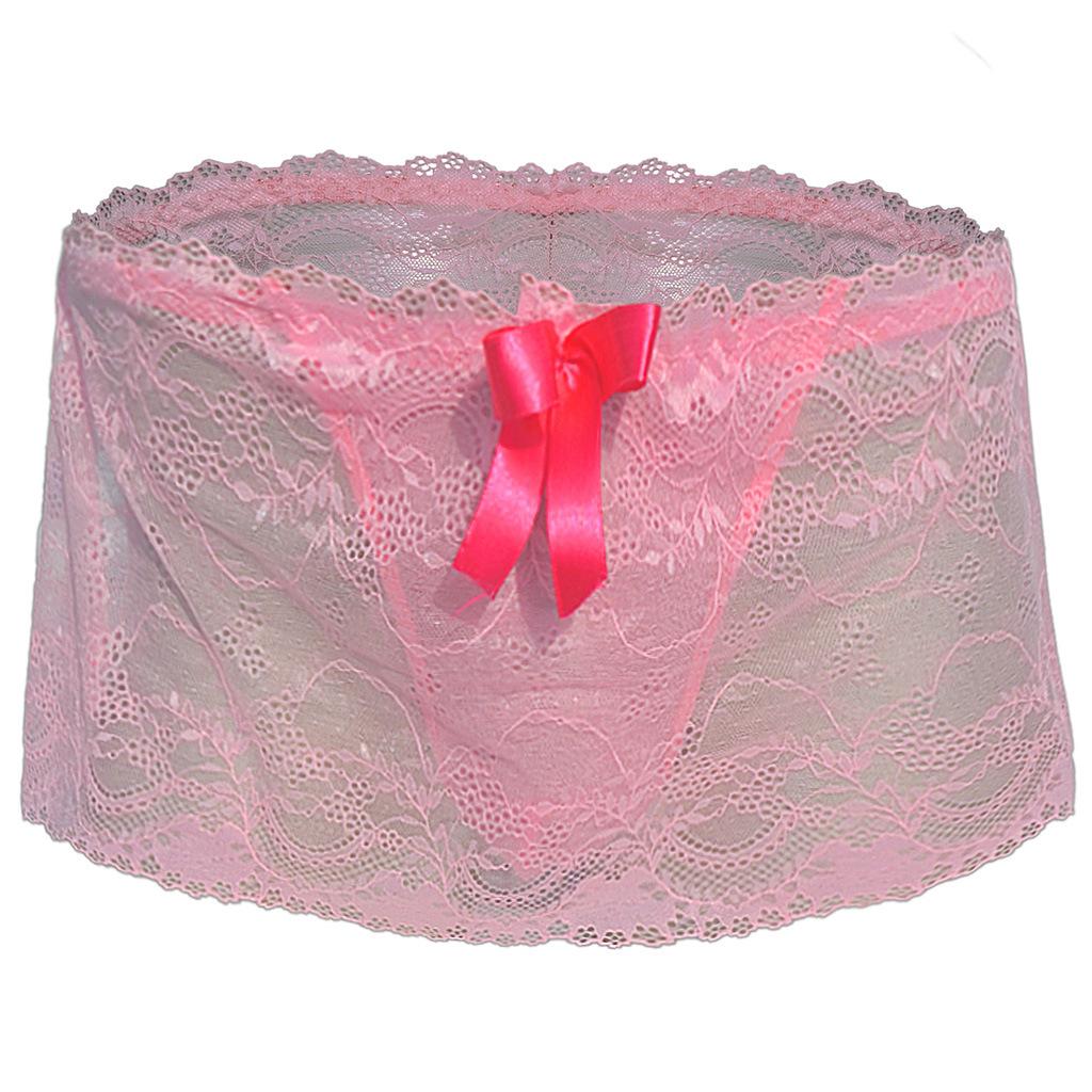 Men Lace Sheer Girly Underwear Sexy Sissy Pouch Panties Femboy Low Rise Bow Lingerie Skirted G-String T-Back Thong Gay Nightwear