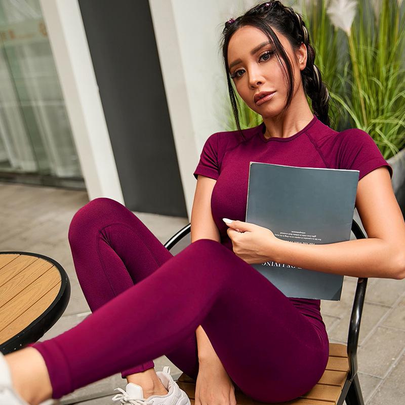 Pink Solid Color Short Sleeve Yoga Set - Two-Piece Summer Outfit