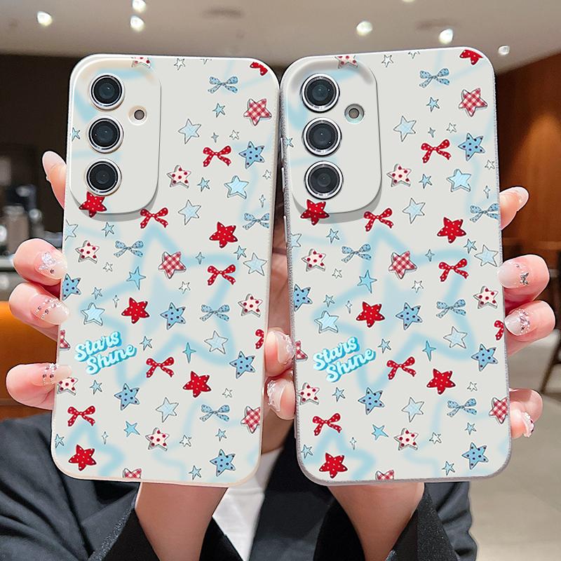 Blauer Stern Schleifen Muster Hülle Für Samsung Galaxy S25 Edge S24 Ultra S23 S22 Plus S21 FE S26 Ultra Lederstruktur Silikonhülle