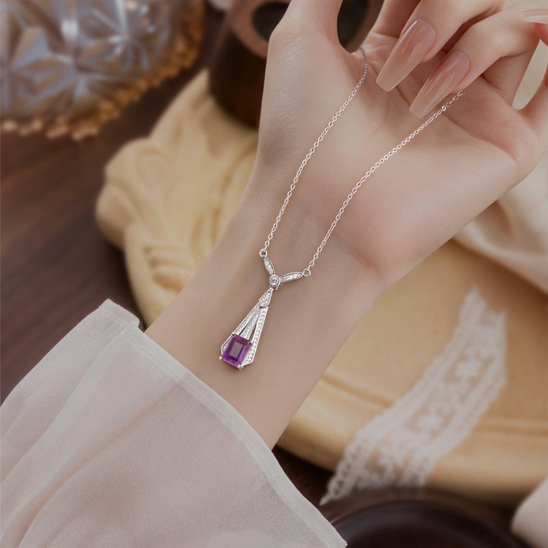 S925 Sterling Silver Art Deco Necklace Female Amethyst Peridot Geometric Pendant Light Luxury Clavicle Chain