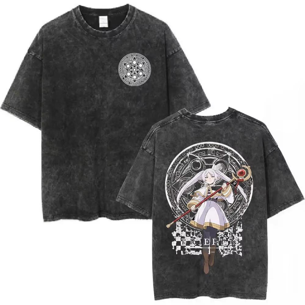 Hot Sale Anime Frieren Beyond Journey's End Vintage Washed T-shirt Men's Women Clothing Fashion Short Sleeve Trendy Streetwear for Daily Looks